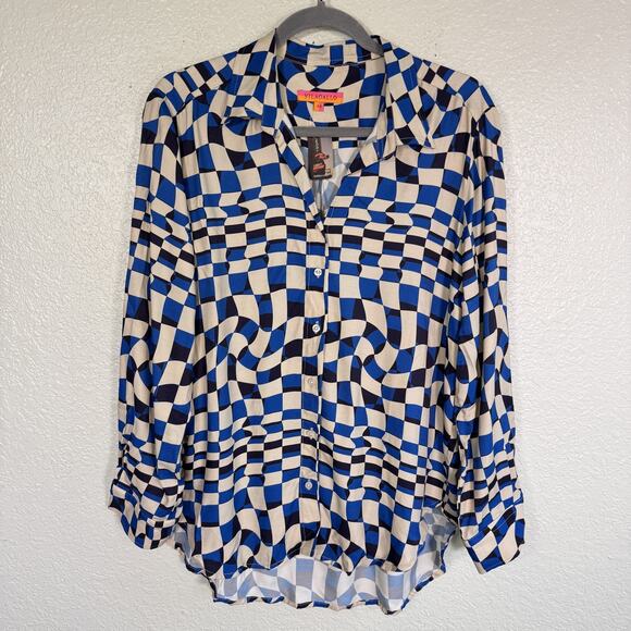 Vilagallo Shirt Womens Large Geometric Checker Top Long Sleeve Button Up Spain - Picture 1 of 13